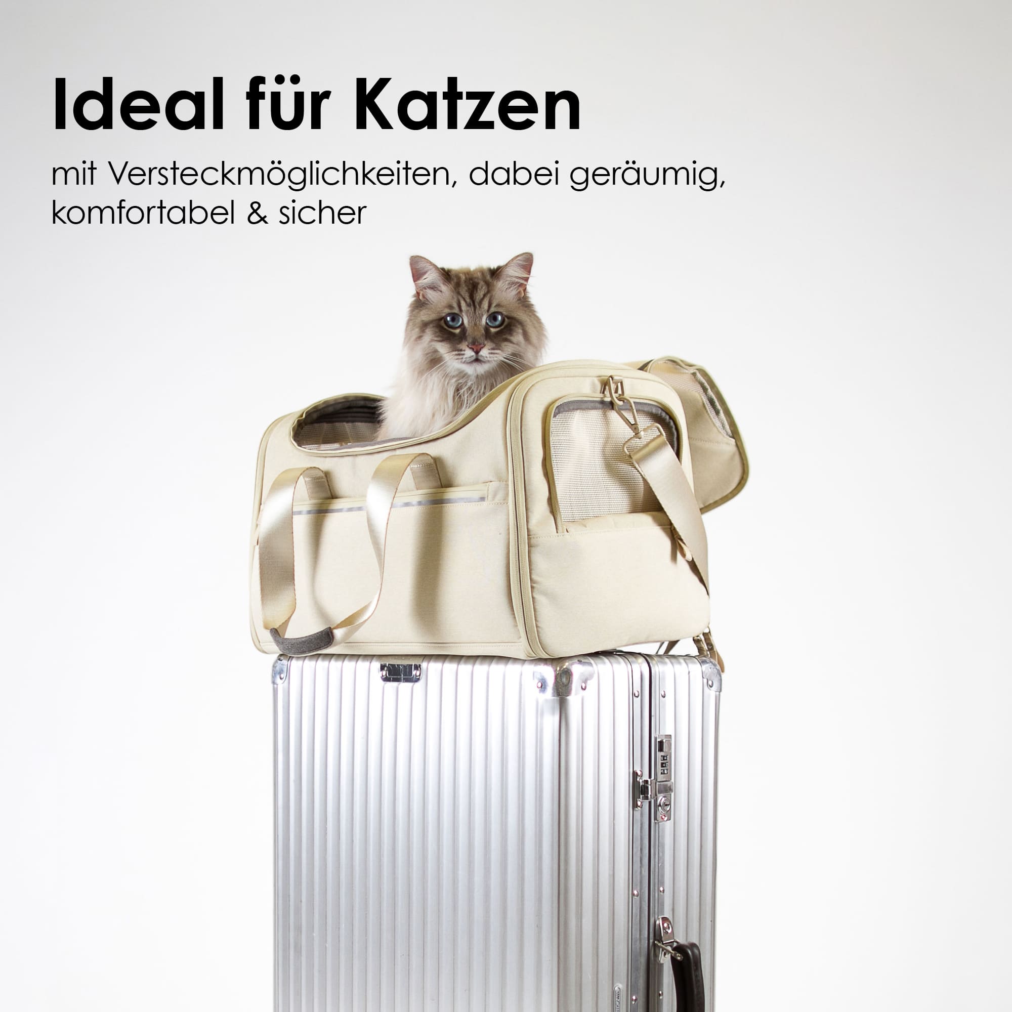 CHECK-IN Transporttasche in Sand auf Rimowa-Koffer, ideal für Katzen dank Versteckmöglichkeiten