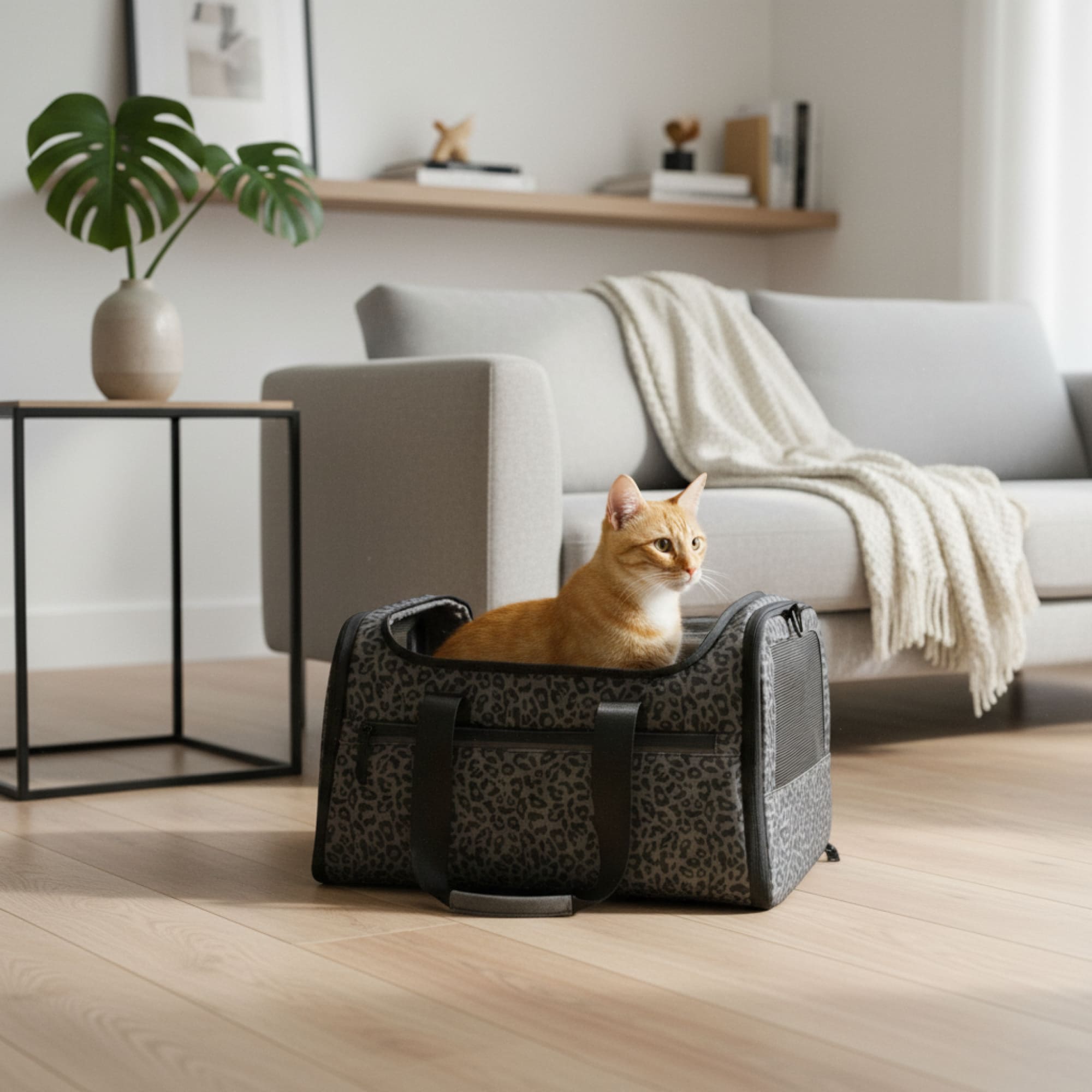 CHECK-IN Transporttasche im Leo-Print, rote Katze sitzt darin im Wohnzimmer