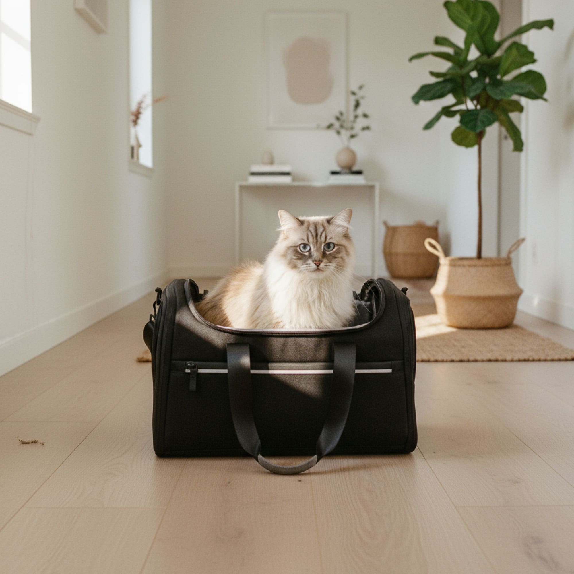 CHECK-IN Transporttasche in Anthrazit, Ragdoll-Katze sitzt darin im hellen Flur