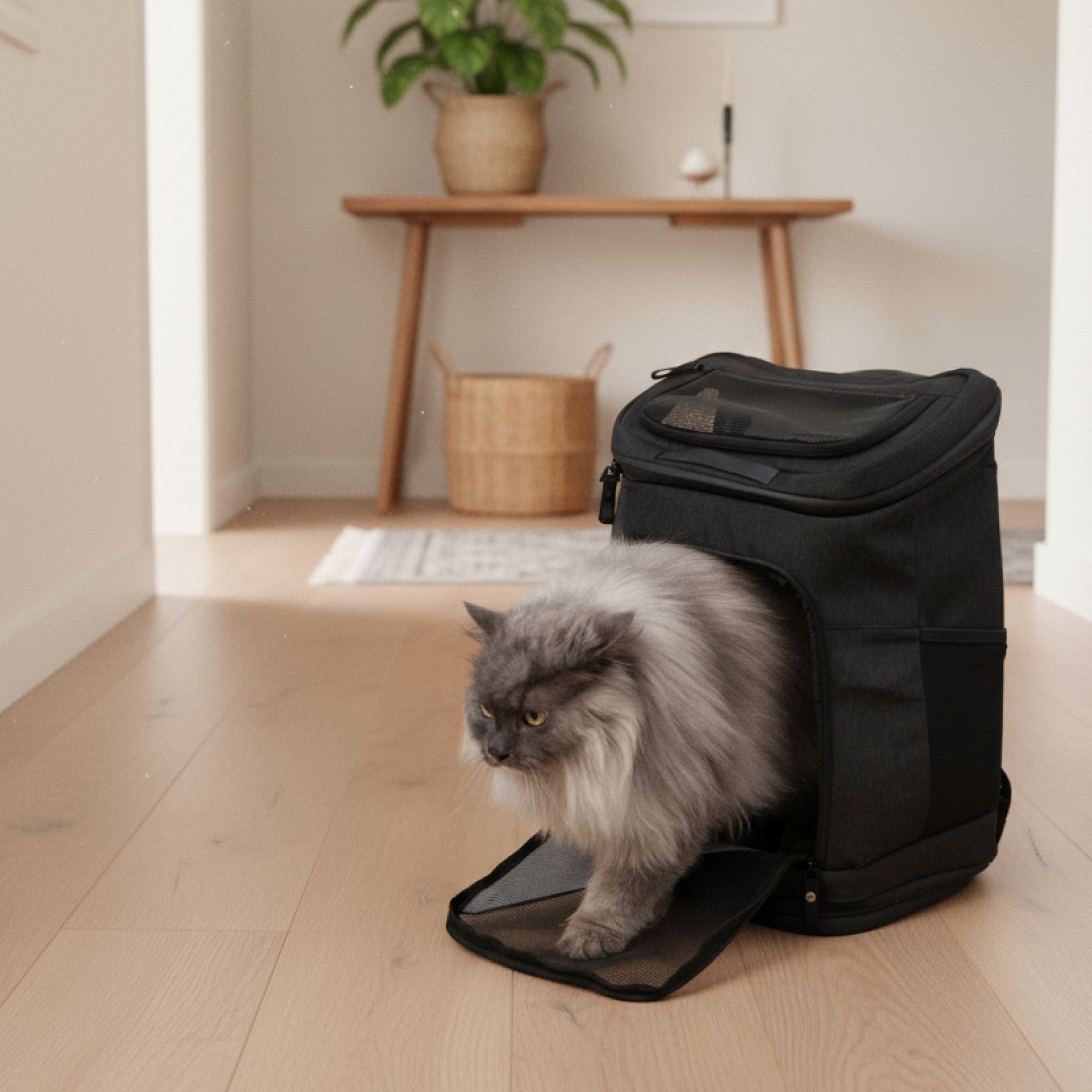 HOP-ON Katzenrucksack in Anthrazit, graue Langhaarkatze steigt heraus, heller Wohnungsflur
