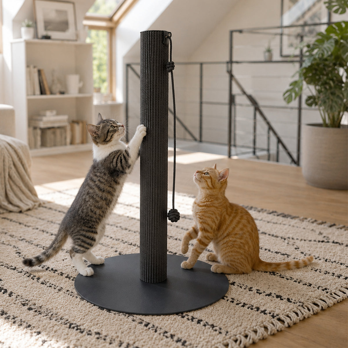 Zwei Katzen kratzen und sitzen am SCRATCHPOLE Kratzstamm in Sisal Anthrazit