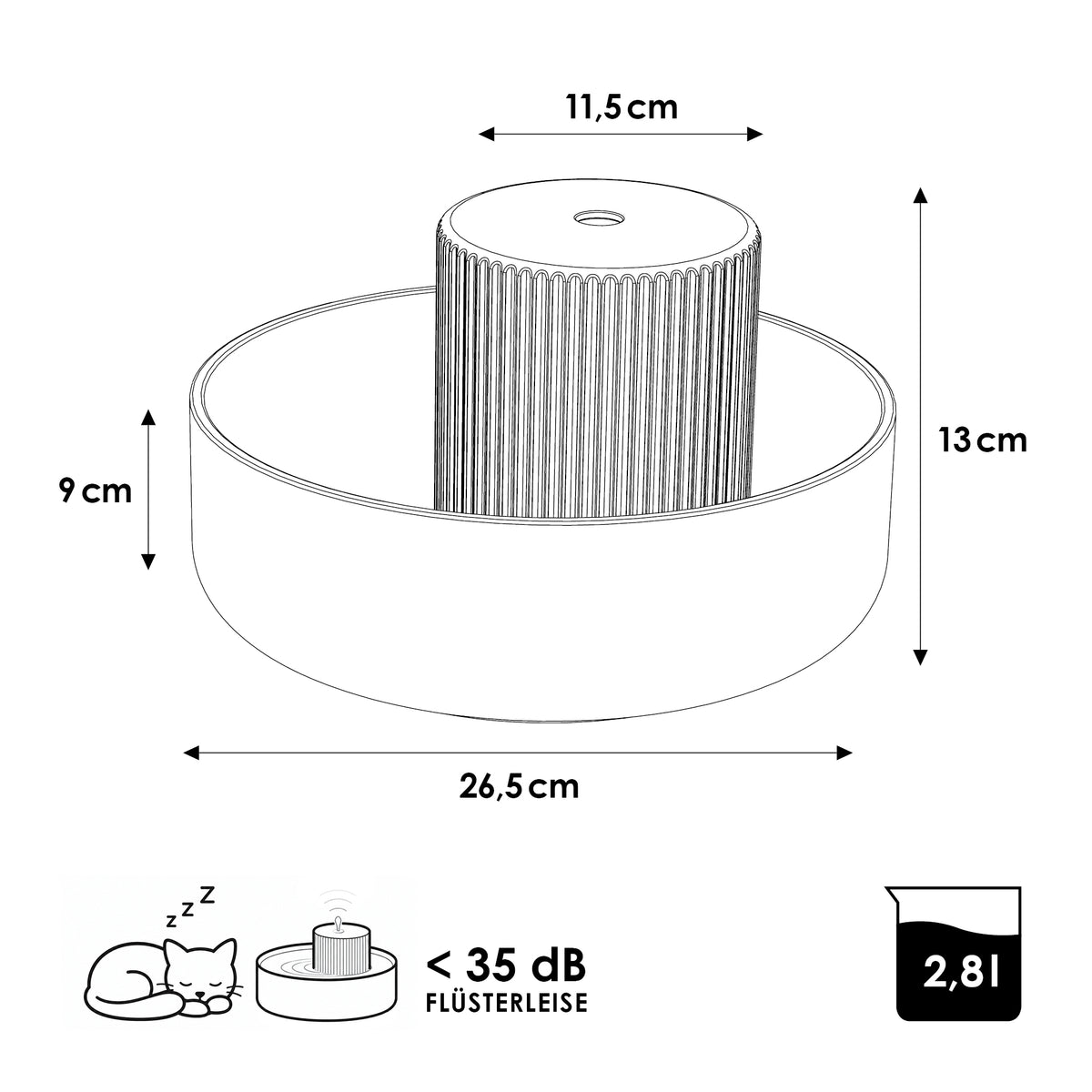 TREVI Trinkbrunnen Maße: 26,5 cm Durchmesser, 13 cm Höhe, 2,8 Liter Fassungsvermögen, unter 35 dB