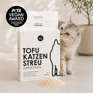 Gatto con la lettiera agglomerante sostenibile TOFU nella variante inodore