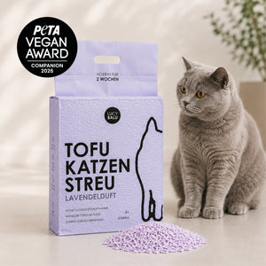 Gatto con la lettiera sostenibile TOFU nella variante profumo di lavanda, premiata con il PETA Award 2026