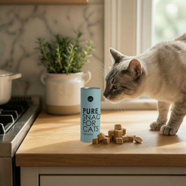 Friandise pour chat PURE au canard – un chat reniflant des bouchées lyophilisées sur un plan de travail
