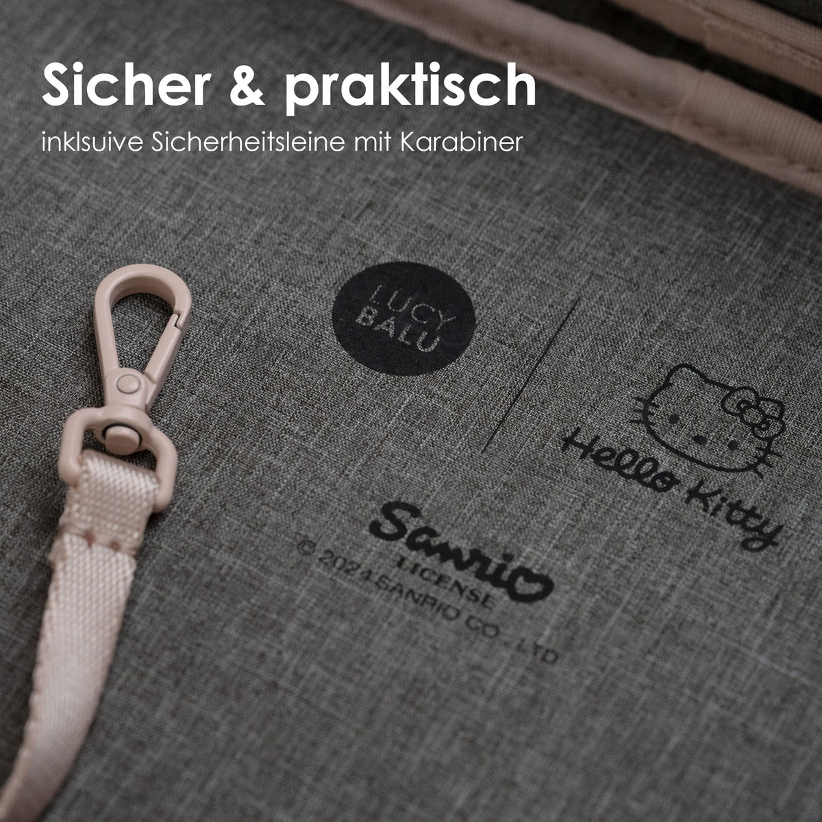Sicherheitsleine mit Karabiner am HOP-ON Katzenrucksack Hello Kitty Edition mit Sanrio Lizenzaufdruck