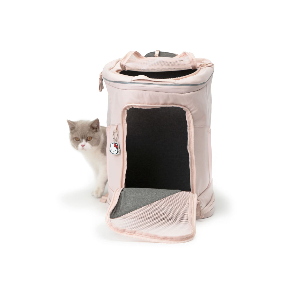 Kitten steht neben geöffnetem rosa HOP-ON Katzenrucksack Hello Kitty Edition mit Hello Kitty Anhänger