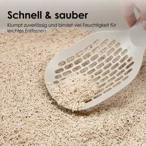 Nahaufnahme von einer Katzenklo-Schaufel, erkennbar ist ein Klumpen Katzenstreu mit Text: Schnell & sauber