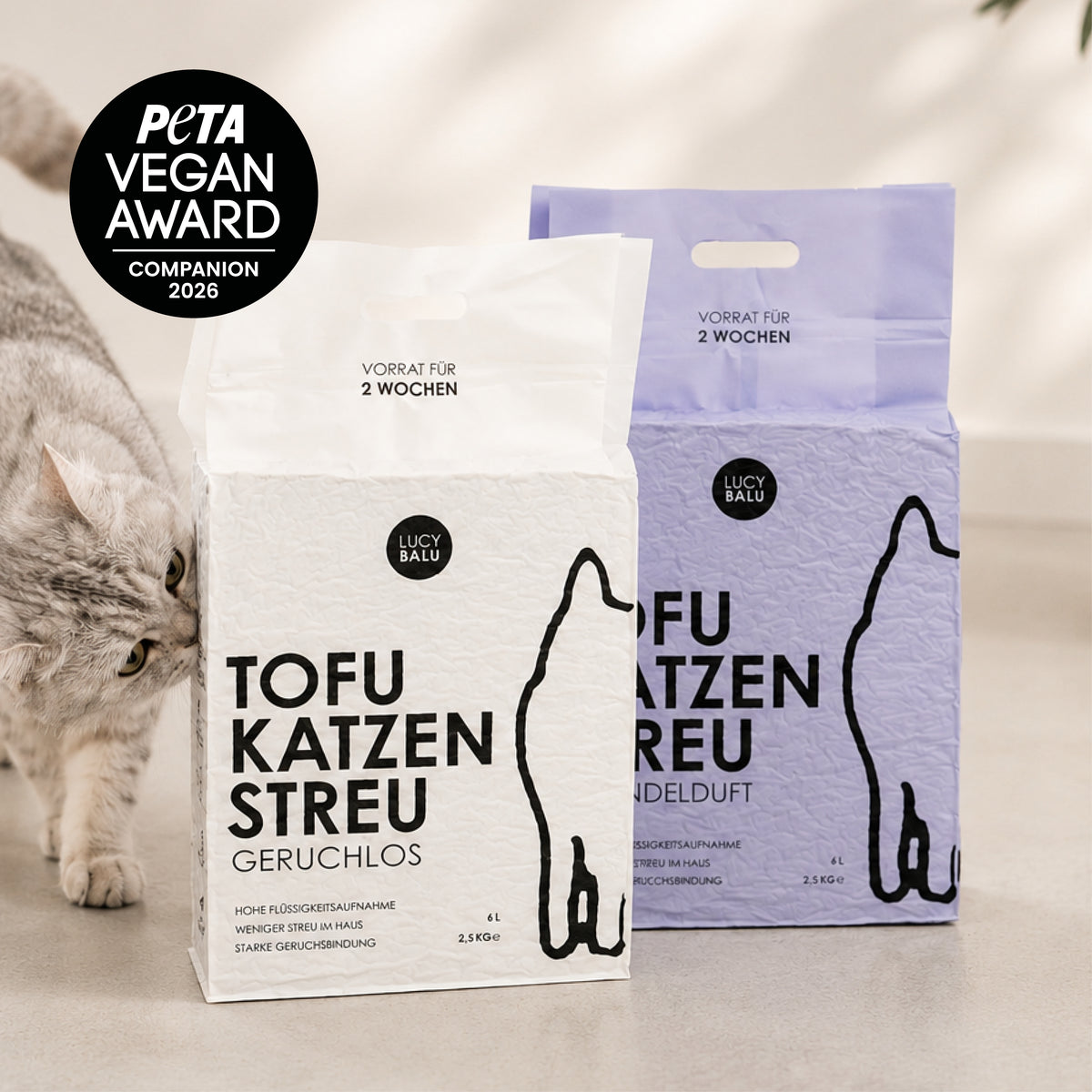 Due sacchetti di lettiera per gatti TOFU affiancati – varianti inodore e lavanda