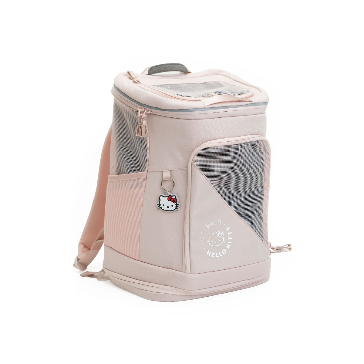 Rosa HOP-ON Katzenrucksack Hello Kitty Edition mit Hello Kitty Anhänger und LucyBalu X Hello Kitty Logo