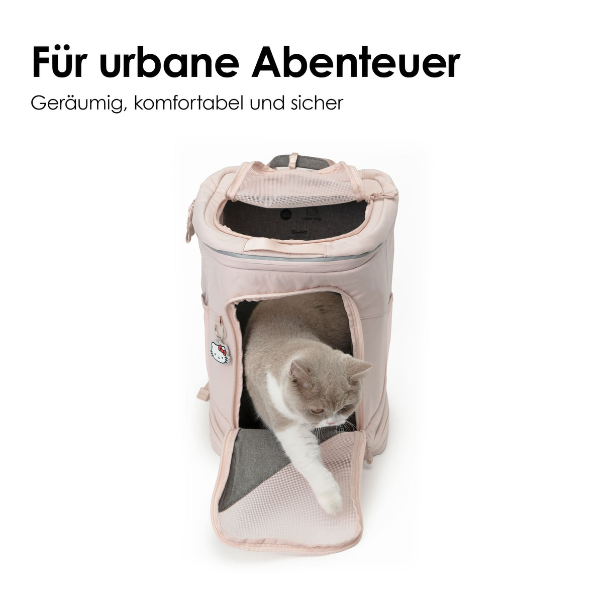 Katze steigt aus geräumigem rosa HOP-ON Katzenrucksack Hello Kitty Edition, komfortabel und sicher