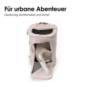 Katze steigt aus geräumigem rosa HOP-ON Katzenrucksack Hello Kitty Edition, komfortabel und sicher